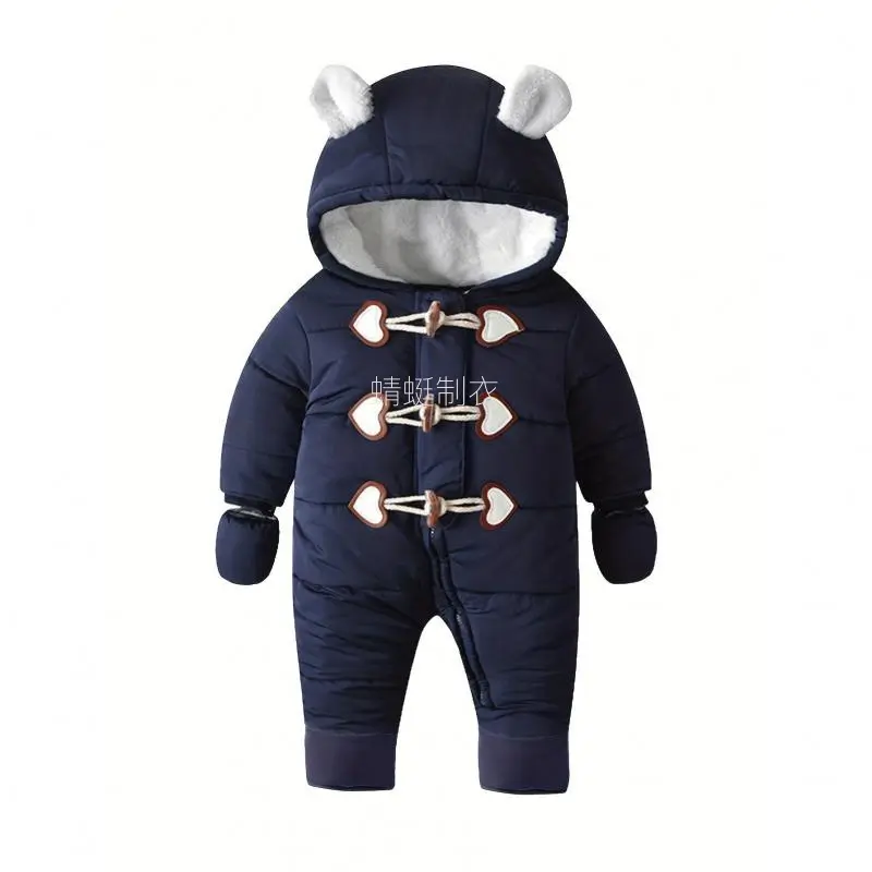 Kids' Woven Solid Polyester Snowsuit - Warm Windproof Fleece-Lined Regular Fit Winter Outerwear with Bear Ears Hood, Hand Wash, Do Not Dry Clean, for 0-3 Years Boys