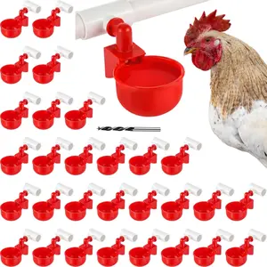 30-Set Automatic Chicken Waterer Cups with 1/2" PVC Plastic Tee Fitting, Poultry Drinking Bowl, Mounting Hole Opener, Easily Installed Automatic Fill Water Dispenser Feeder for Ducks, Geese, Easy Drilling