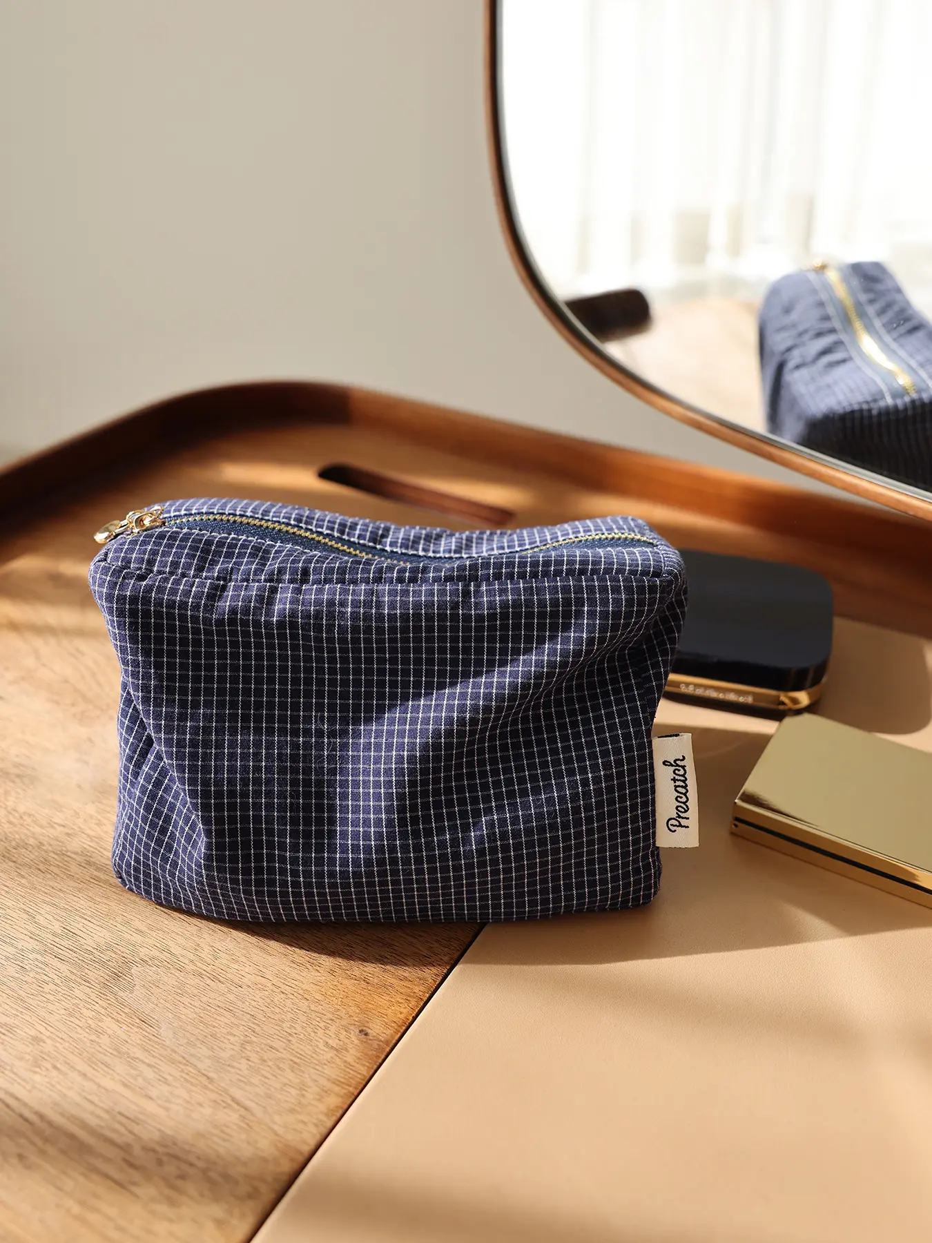 Japanese Style Gingham Striped Makeup Bag, Multi-Functional Zipper Storage Pouch, Travel Portable Organizer, Handheld Cosmetic Pouch, All Seasons Use, Travel Cosmetic Bags