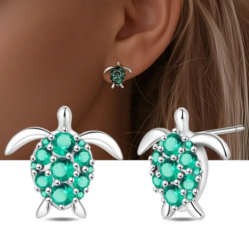 Stud Earrings for Women, 925 Sterling Silver Green Sea Turtle Pretty Studs, Hypoallergenic Shining Earrings with Post Backs