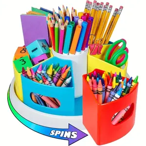 Colorful 360° Rotating Desk Organizer, Plastic Divided Storage Box, Art Supplies, Pencils, Crayon & Marker Holder for Home School Classroom