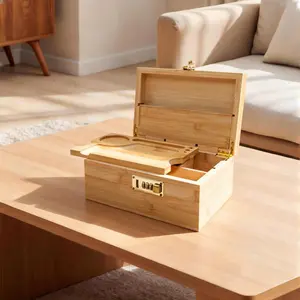 Bamboo  Storage Box With Lock, Home Offices Desk Organizer, Premium Wood Storage Box, Accents Perfect Gift