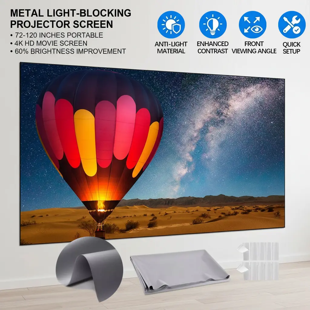 Projector screen 120 inch -72 inch portable 4K high-definition metal anti light foldable home theater movie screen 16:9 gain 60% color saturation movie screen, (Front view provides optimal clarity) Hd Projector Screen
