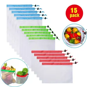Reusable Mesh Food Storage Bags, 15 Pack Breathable Produce Bags for Fruits & Vegetables, Grocery Shopping Bags for Kitchen Use