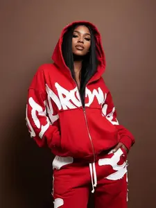 Spring New Style Letter Zipper Hoodie Digital Printing Coat Letter Colorblock Figure Casual Cute Pocket Zipper Drawstring Home