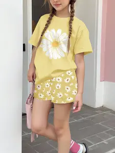 Summer Girls' Casual Short Sleeve Top and Shorts Set, Two-Piece Floral Print, Loose-Fitting Street Style, Perfect for Summer Wear, Casual Fashion Set