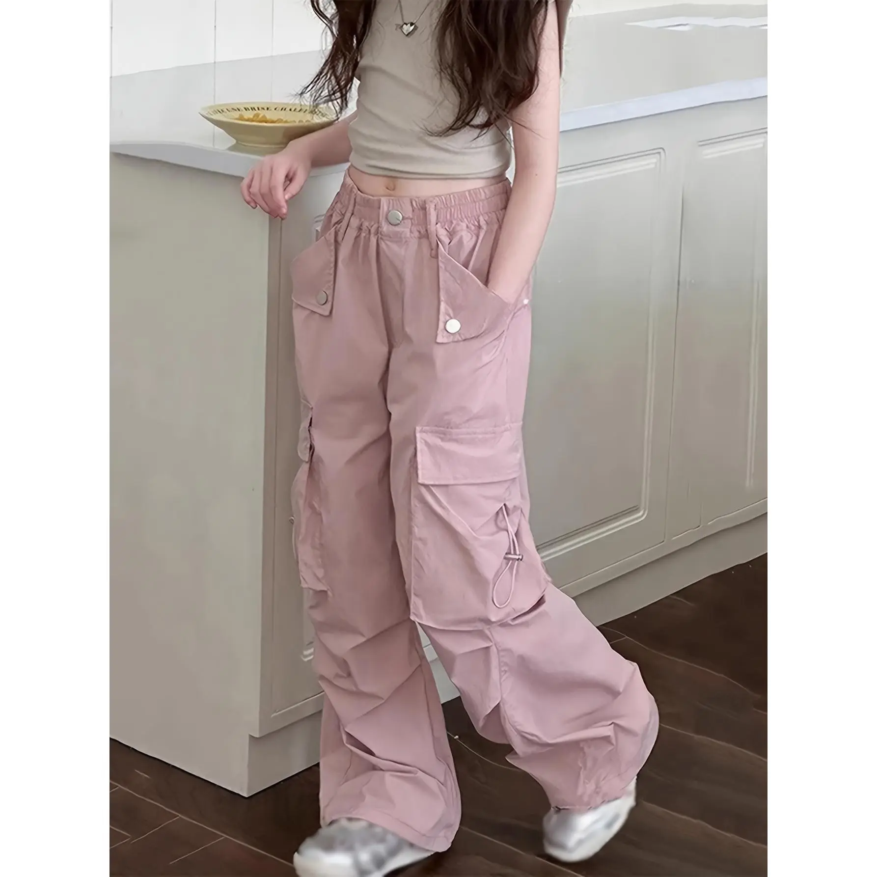 Streetwear Cargo Pants for Girls Aged 6-16 - Wide-eg oose Fit Elastic Waist Multi-Pocket Durable Polyester Machine Washable Casual Pants (Autumn) Girls' Pants Daily Children's Clothing Non-Stretch Autumn Set ightweight ong Pants for Kids-good-DY