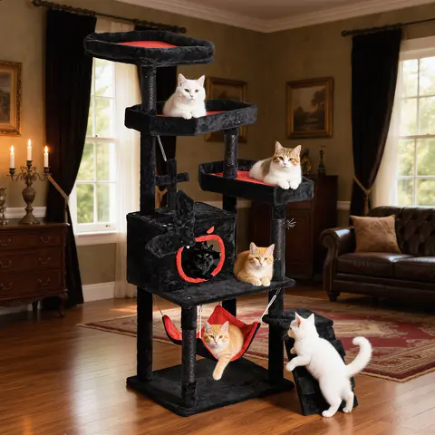 Yitahome Gothic Cat Tree with Coffin Bed, 63"/38.6"  Tall Cat Tower for Cats with Top Perch, Spacious Cat Condos, Spider Hanging Balls,Comfy Hammock, Scratching Post and Ladder