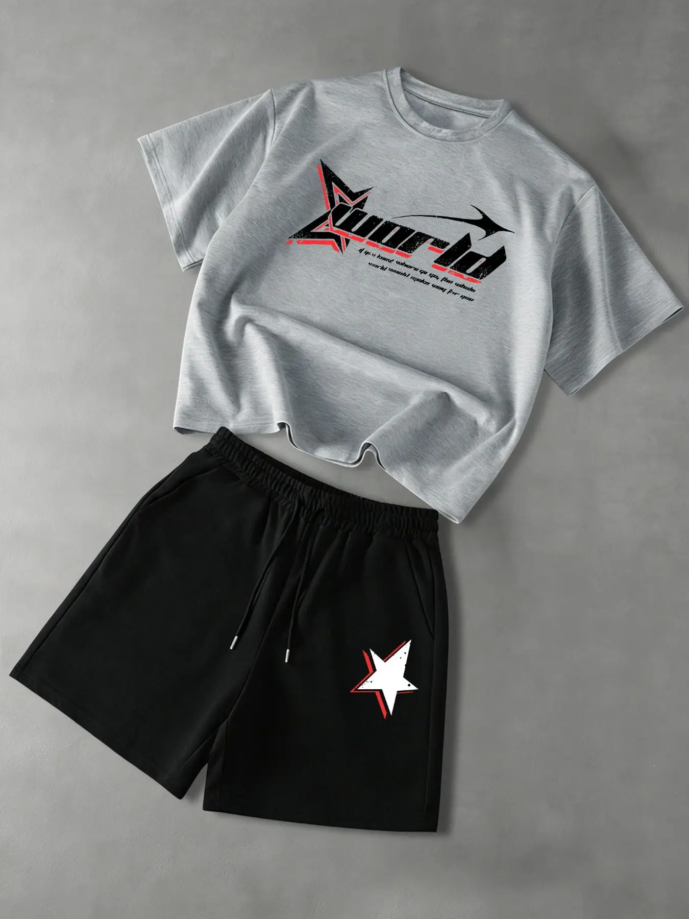 This men's two-piece Classic Matching set includes a crew neck short-sleeved T-shirt with lettering and star patterns and a pair of shorts with star prints, creating a comfortable and casual look.