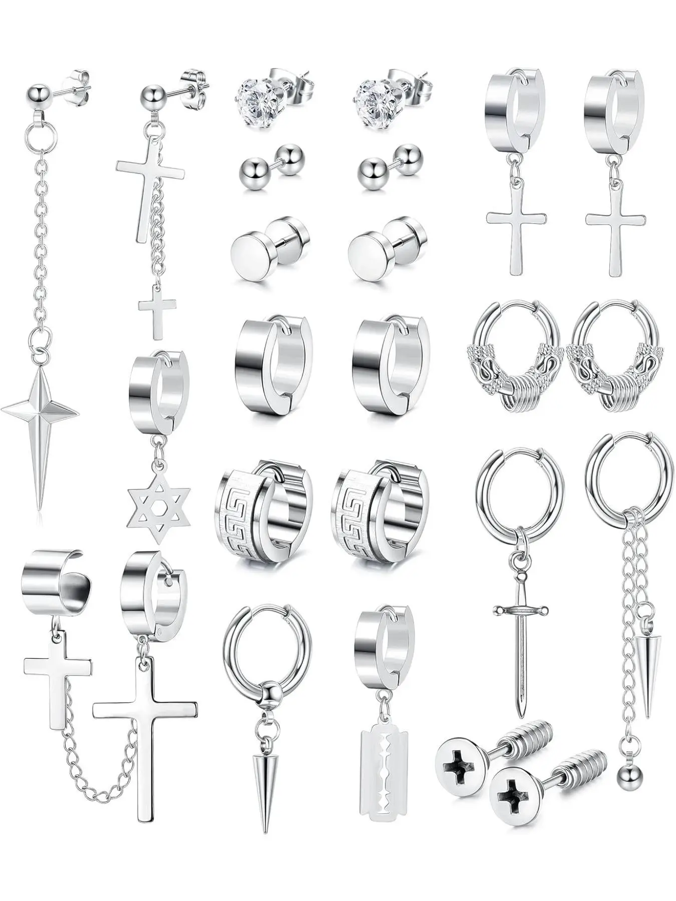13 Pairs Mens Earrings Stud Earrings Set Stainless Steel Dangle Hoops Cross Earrings, Fashion Silver Color for Men Women Earrings Jewelry