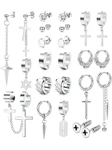 13 Pairs Mens Earrings Stud Earrings Set Stainless Steel Dangle Hoops Cross Earrings, Fashion Silver Color for Men Women