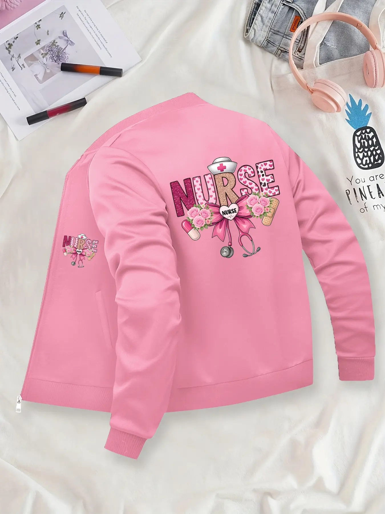 Nurse Themed Printed Zip-Up Casual Long Sleeve Outerwear with Pockets Jacket Coats - Womenswear Polyester Knit Fabric with Pockets, Fitted Style for Autumn/Winter, Random Graphic Print Pattern Aesthetic Suitable for Young Adults.