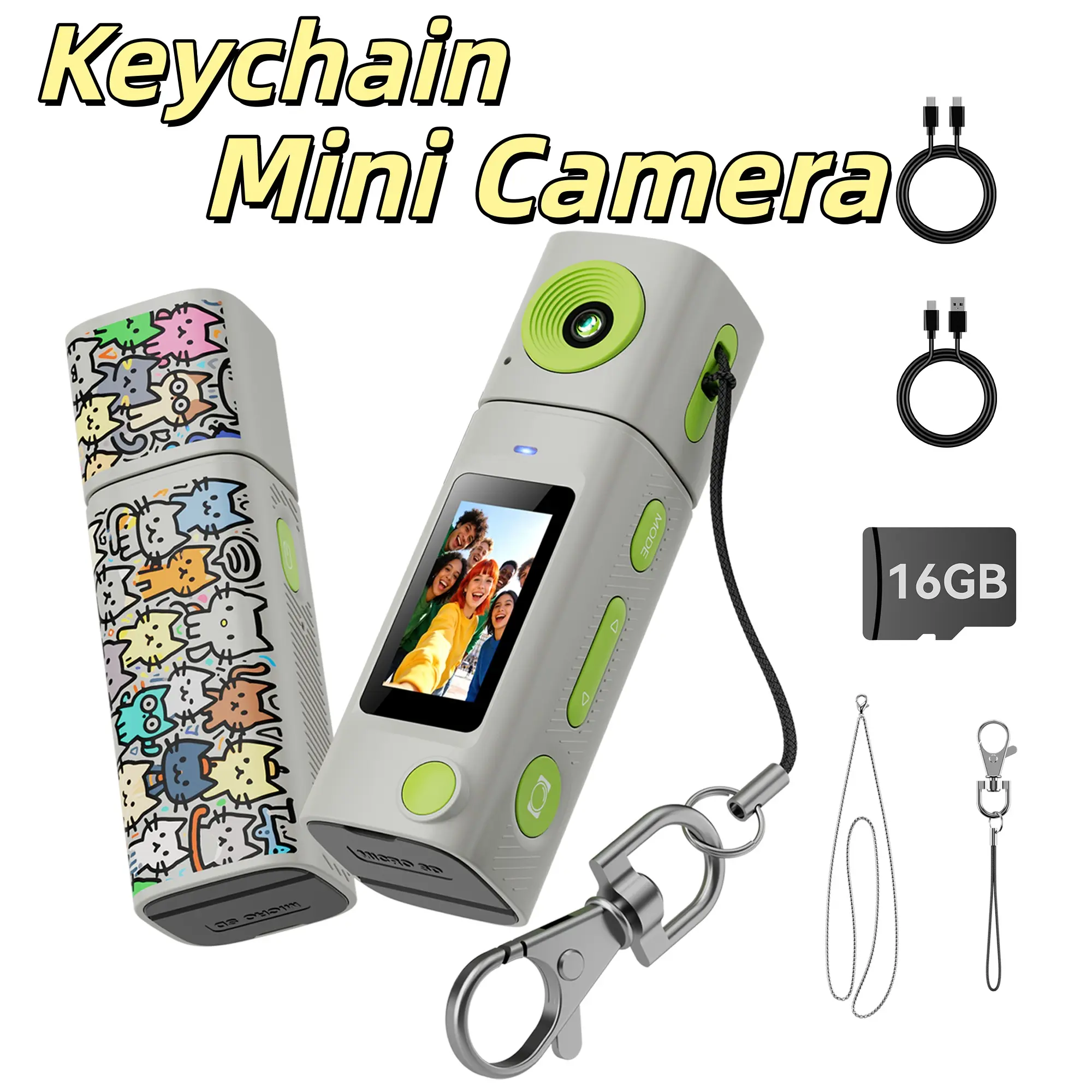 【 Including free 16GB SD card 】 Mini Keychain Video Recorder Camera - High definition camera for pictures and videos, camera can rotate 270 degrees, 0.96-inch screen, 21 fun color filters, portable digital camera for travel, Y2K retro style camcorder summ