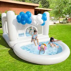 White PVC Kids Bouncy Castle Inflatable Jumping Castle House Trampoline With Ball Pit Water Pool Outdoor Play Playground Equipment