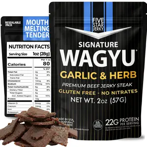 Five Star Wagyu Garlic & Herb Beef Jerky, Soft & Tender Gourmet Jerky, High Protein Snacks for Adults, Keto Friendly Beef Jerky Snack Packs, Gluten-Free Wagyu Jerky Sticks (6 Pack of 2oz – 12oz Total) Premium Protein Food
