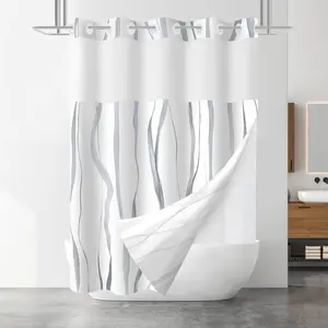 No Hook Shower Curtain with Snap in Liner Set, White Hotel Style with Grey Striped Design, See Through Mesh Top Window, 71x74 Inches
