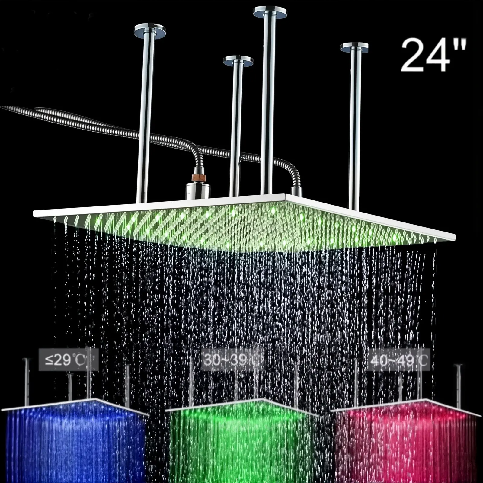 24" LED Ceiling Mounted Shower Head Large Rain Shower Heads Square Showerheads High Pressure Luxury Rainfall Shower Heads Brushed Nickel Stainless Steel Bath Showerhead Waterfall Full Body Coverage, Self-Cleaning Silicone Nozzle