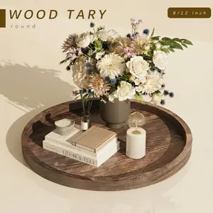 Round Tray Wood Serving Platter, Vintage 12/8 inch Round Dessert Plate Multipurpose Candle Holder Tray Decorative Tray for Farmhouse Table Centerpiece Christmas Home Decor (Coffee)