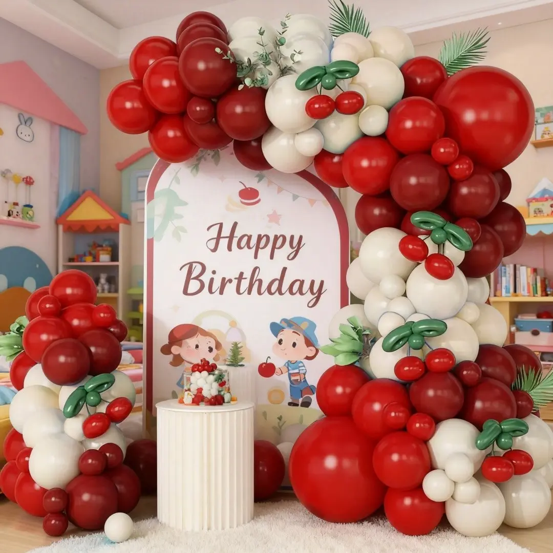 114pcs Cherry Party Balloon Set, Matte, Vintage Wine, Forest Stripes, Sand Latex Balloons, Balloon Arch Set, Birthday Decorations, Baby Shower, Gender Reveal, Balloon Garland