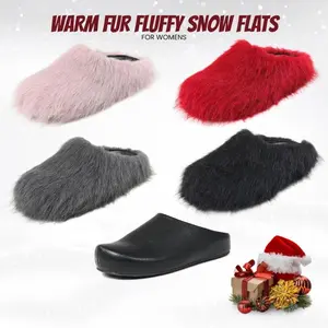 Womens Loafers Rounded Toe Fur Fuzzy Fluffy Snow Half Covered Non Slip Warm Winter Flats Slip On Comfy Indoor Casual Dress Fall Winter Shoes