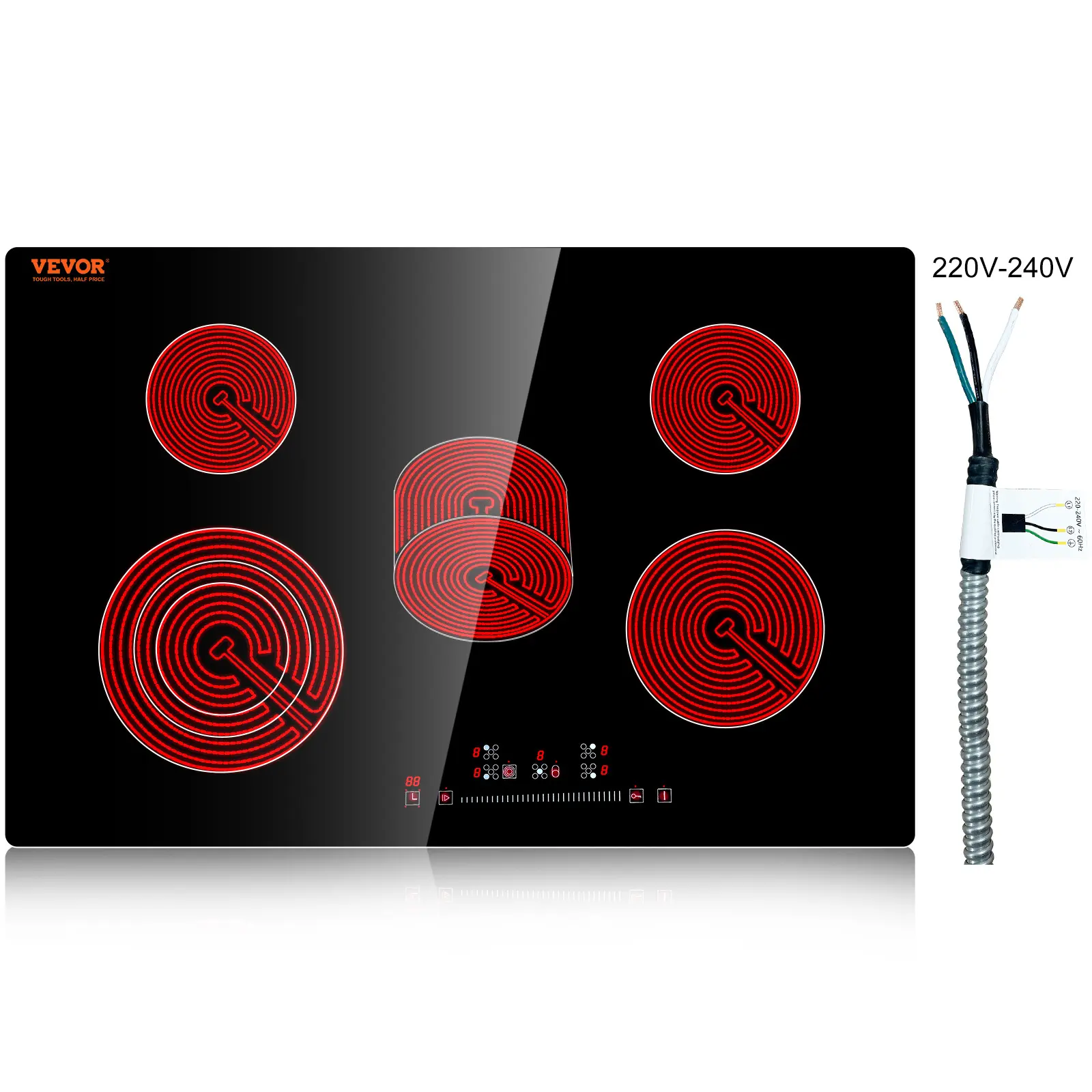 【summerfinds】VEVOR Durable Built-in Electric Glass Radiant Induction Hob, 30.3x20.5 in 5-Burner, 240V Sensor Touch Control, Timer, Child Lock, 9 Power Levels for Simmer/Steam, Father's Day Gift