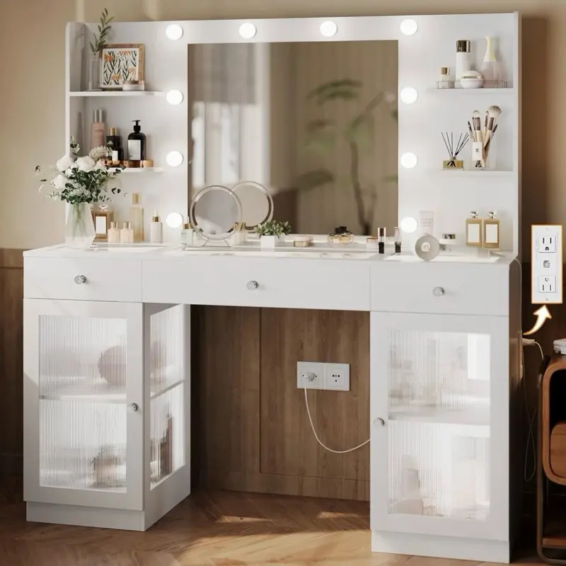 Makeup Vanity with Glass Top White Vanity Desk with Mirror and Lights