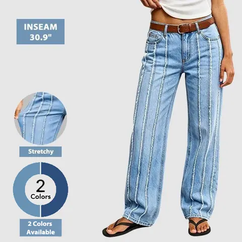 Flamingals Wash Stitch Detail Mid Waist Straight Leg Jeans Without Belt Stretchy 30.9'' Inseam