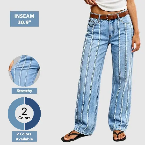Flamingals Wash Stitch Detail Mid Waist Straight Leg Jeans Without Belt Stretchy 30.9'' Inseam