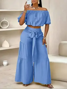 Women's Solid Off Shoulder Crop Top & Wide Leg Pants Set, Casual Breathable Fashion Cozy Baggy Top & Trousers for Daily Outdoor Wear, Ladies Clothes for Summer, Womenswear, Two Piece Outfits for Women