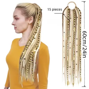Boho Braided Ponytail Extension with Hair Tie, 24" Long Viking Dreadlock Beads Ponytail Hand-braided Braids Hair Extensions Lightweight Natural Synthetic Hairpiece for Festival Cosplay Blonde