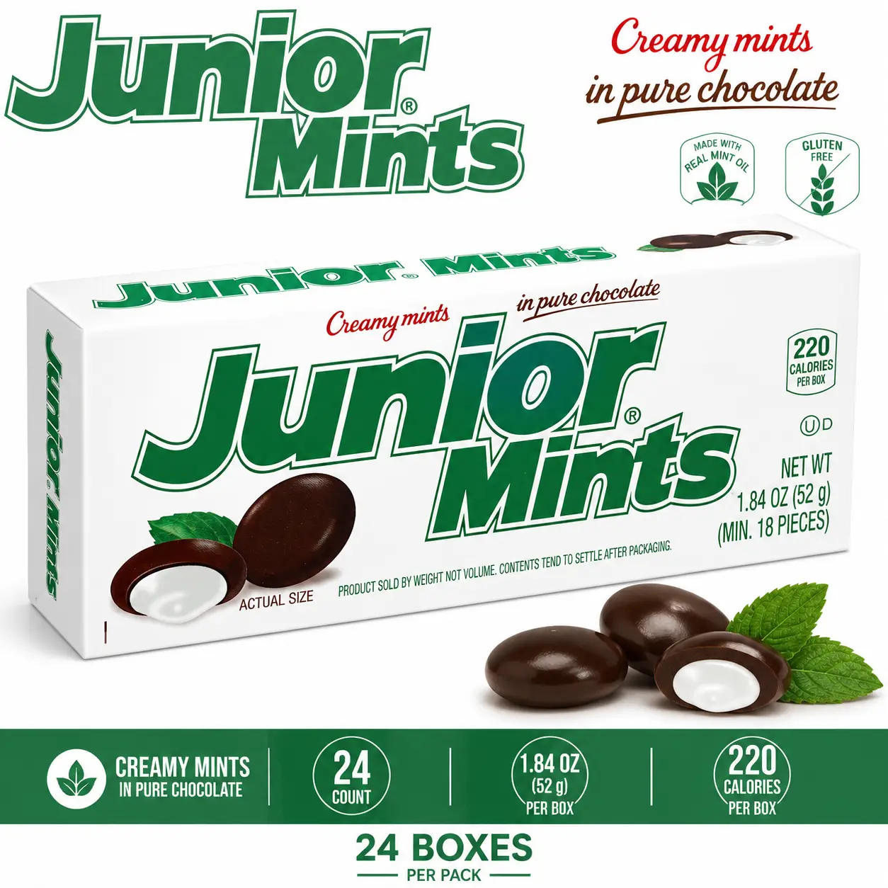 Junior Mints Chocolate Covered Peppermint Candy 1.84 oz 24 Count  Classic Mint Candy Boxes | Movie Theater Favorite Treats