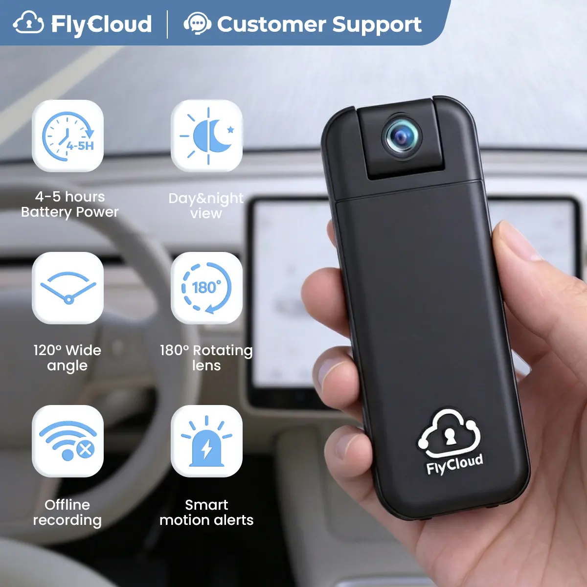FlyCloud 7 Body Camera 1080P HD with 180° Rotatable Lens 120° Wide Angle Smart Infrared Night Vision WiFi Bluetooth APP Control AI Motion Detection 1900mAh Battery Free 16GB TF Card Supports Daily Vlog Pet Recording Portable Camera