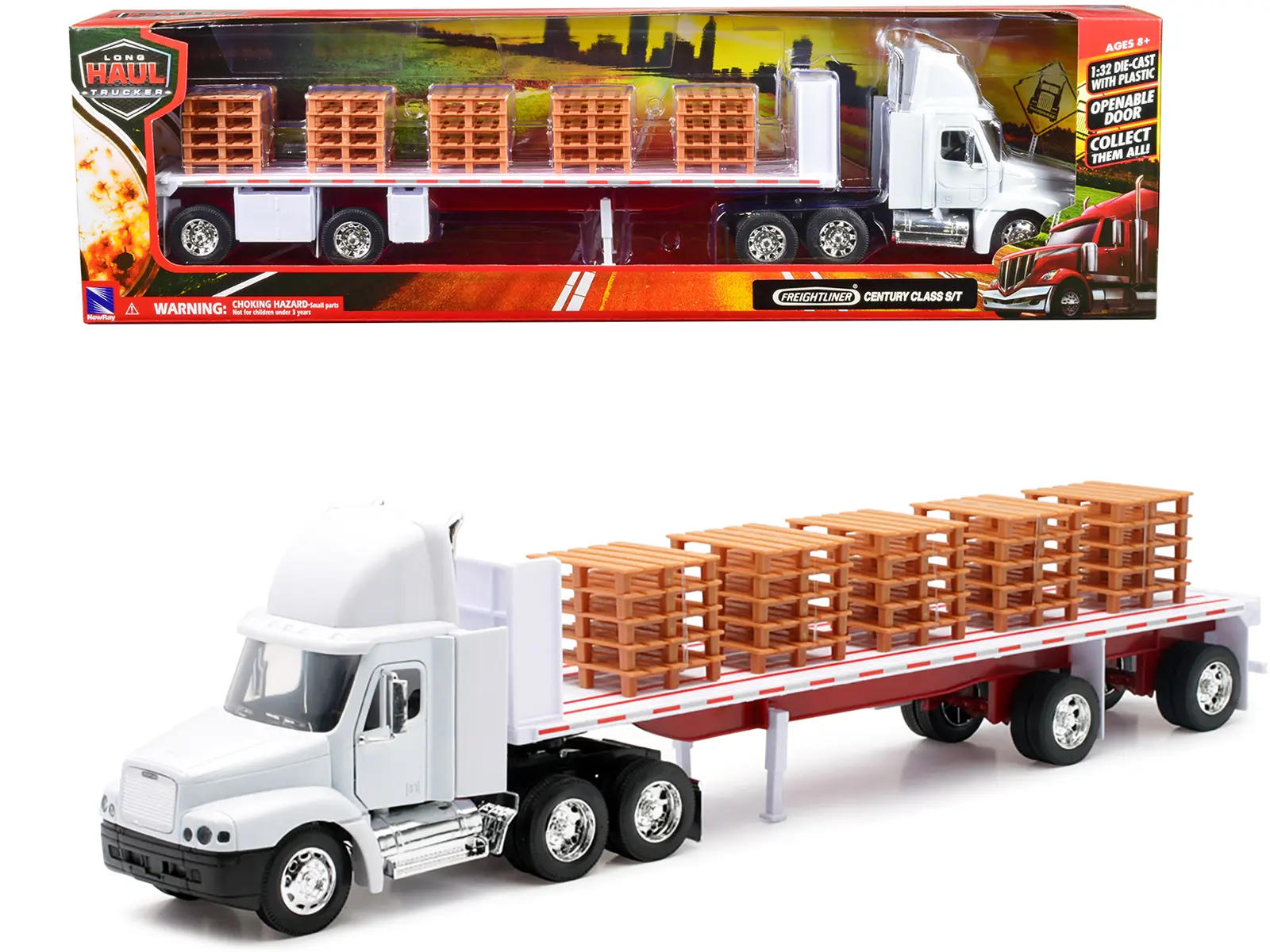 Freightliner Century Class S/T Flatbed Truck White w/Pallet Accessories "Long Haul Trucker" Series 1/32 Diecast Model by New Ray