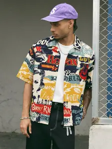 Men's retro collage printed short sleeved shirt, casual button up shirt for street wear, with retro women's face and text print, suitable for loose fit of summer clothing, street style, and casual wear, durable print for city and art style fans