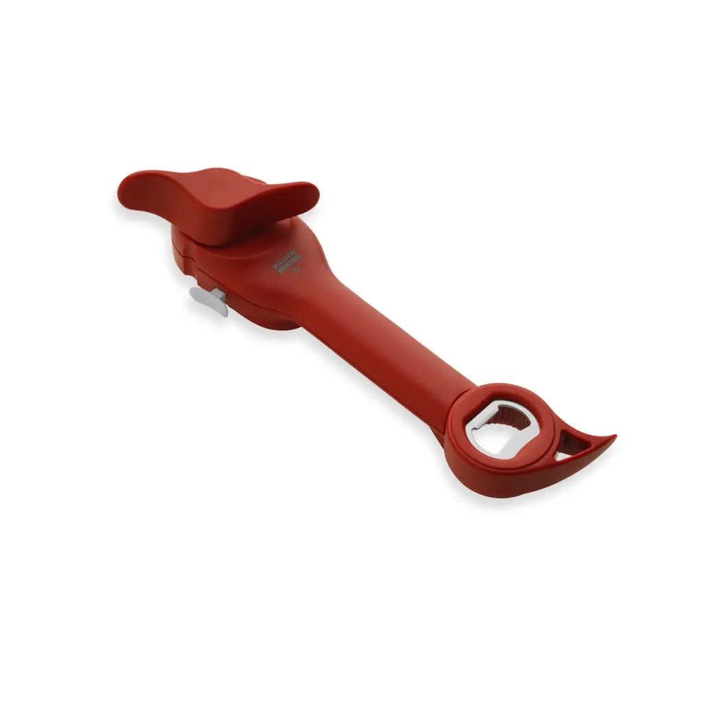 Kuhn Rikon Auto Safety Master Can Opener, 5-in-1 Manual Kitchen Utensil with Metal Cutting Wheel, Smooth Edge Lid Clamp, Bottle Opener, Jar Lid Opener, Ring Pull Lifter and Screw Cap Tool for Cans, Bottles and Jars