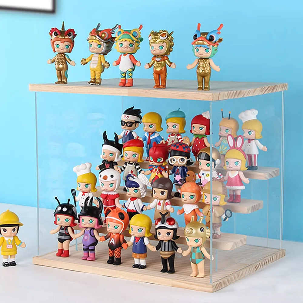 CNCEST 4-Tier Rectangle Clear Acrylic Display Case - Dustproof Countertop Organizer with Wooden Display Risers Stand for Artifact, Figure Collection