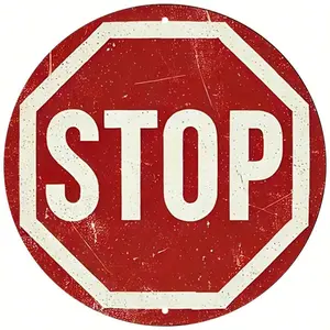 [2D Flat] Vintage Stop Sign Aluminium Iron Wall Art - 7.8" Round Retro Traffic Plaque, Vintage Garage Signs, Home Decoration for Bar, Beach House, Backyard, Metal Outdoor Signage