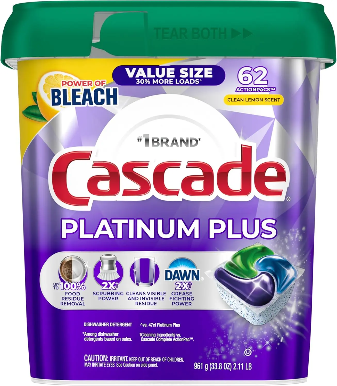 Cascade Platinum ActionPacs™ Household Dishwasher Pods - Lemon Scent Dish Detergent Soap, 62 Pods Value Size, Cleaning