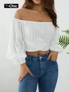 Women's Plain Cut Out Tie Back Off Shoulder Bishop Sleeve Fitted Crop Tee Blouse, Casual Long Sleeve Cropped Top for Summer, Ladies Clothes for Daily Wear, Womenswear Shirts