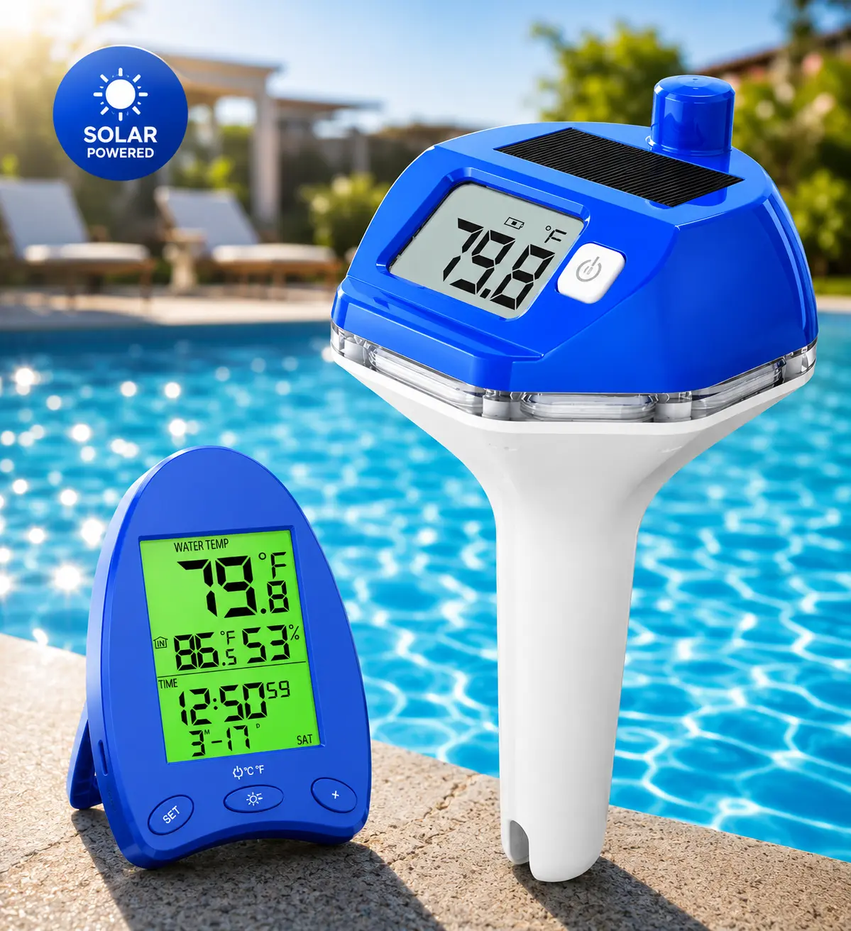 LuxBlue 2026 Solar Wireless Pool Thermometer, 650FT Transmission, Humidity Moniter, Extra-Large Backlit Digital Display - Easy Read at Night, IP68 Waterproof Floating Pool Temperature Thermometer for Hot Tub, Spa Outdoor Swimming Pool