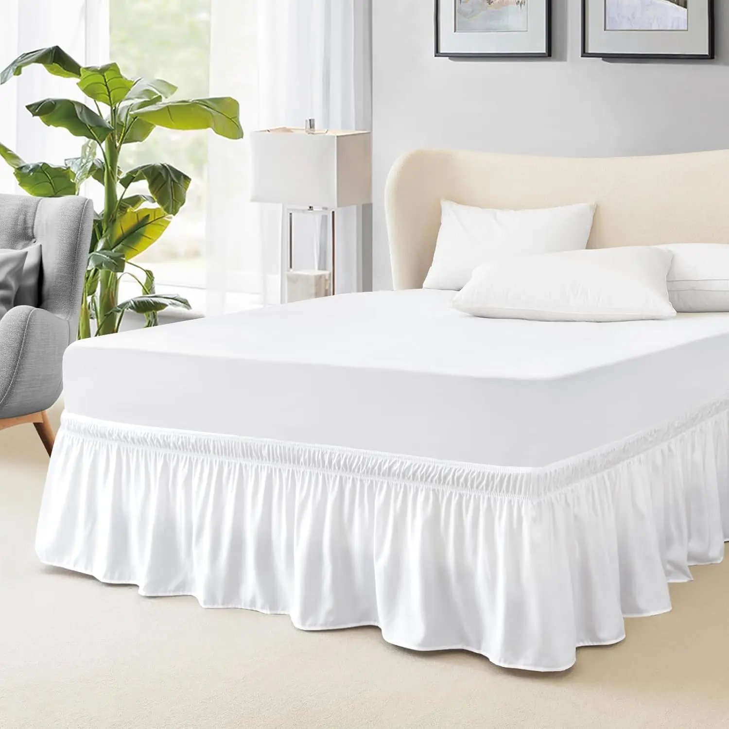 Fitted bed skirt, suitable for large beds, Bedroom, 15 inches (approx. 38.1 cm) drop, white adjustable elastic bed cover, fits easily, wrinkle-resistant and fade-resistant, silky luxurious fabric, machine washable.
