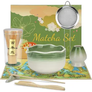 8PCS Matcha Whisk Set, Ceramic Matcha Kit Set, Japanese Tea Ceremony Tools with Matcha Bowl, Spoon, Bamboo Whisk, Holder, Sifter, Tea Cloth, Scoop and Scoop Stand (Dark Green and White)
