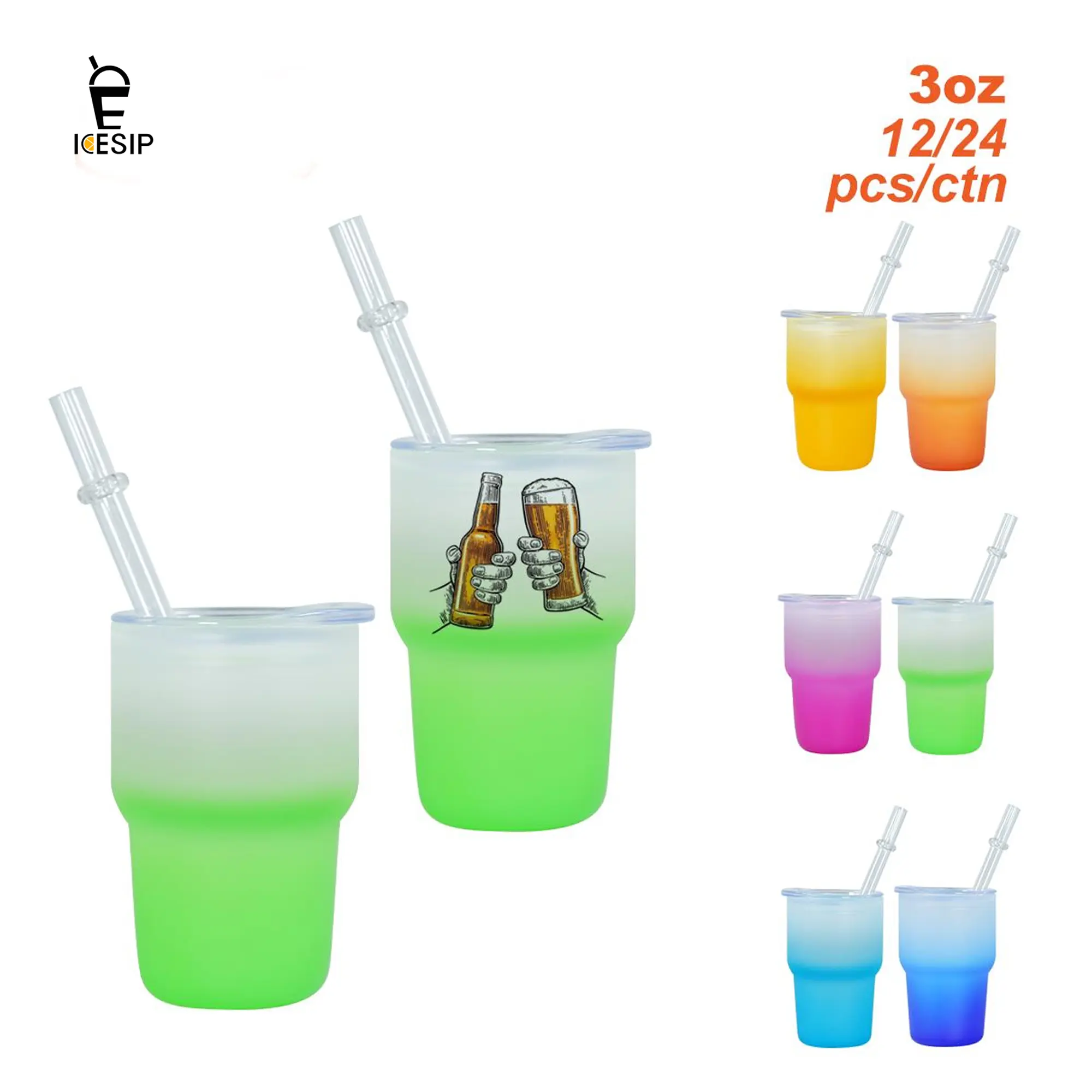 ICESIP 12pcs 3oz Insulated Sublimation Gradient Color Mini Glass Cup, Wide Mouth Washable Silicone Straw & Plastic Lid Portable Drinkware, Festive Party Christmas Gift for Boyfriend