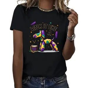 100%cotton Walk It Like A Dog Mardi Gras Party T Shirt with Colorful Dog and Beads Design for Festive Celebration Loose Fit