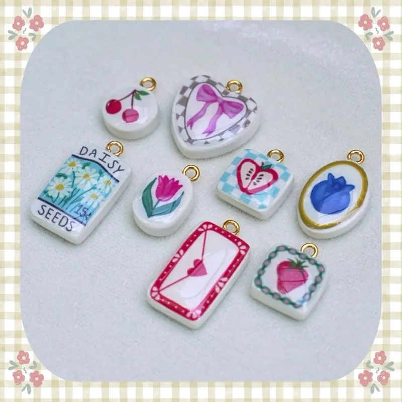 Handmade Polymer Clay Charms - Tiny Lucky Charms Boho Folk Picnic Date Set with Cherries Bow Heart Blueberry Bliss Apple Daisy Seed Packet Tulip Bloom Love Letter Strawberry Designs