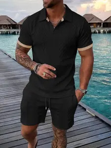 Men's Colorblock Short Sleeve Polo Shirt & Drawstring Shorts Set, Textured Knit Fabric, Casual Daily Wear, Summer Clothes for Tropical Beach, Fashion Choice, Menswear