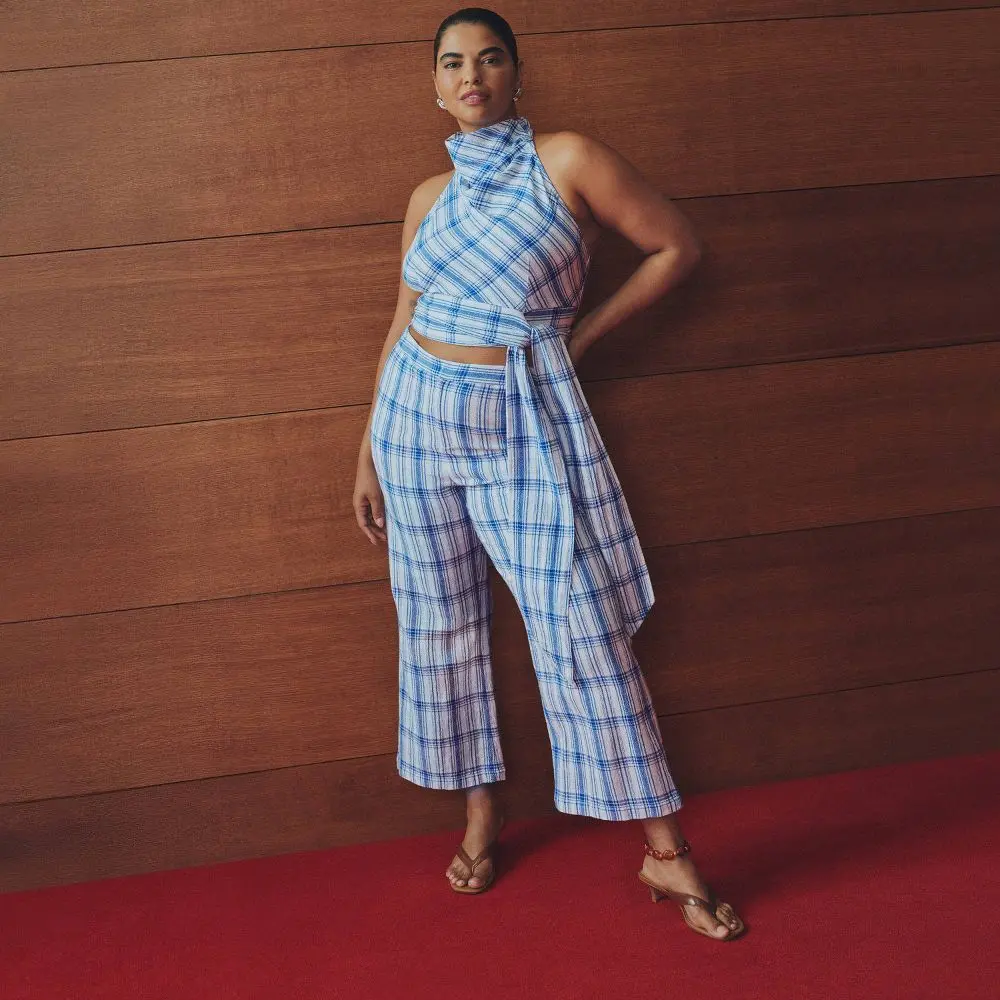 Women's Elegant Cotton Gingham Flared Kick Flare Bottoms Garment - Rosie Assoulin Blue 4