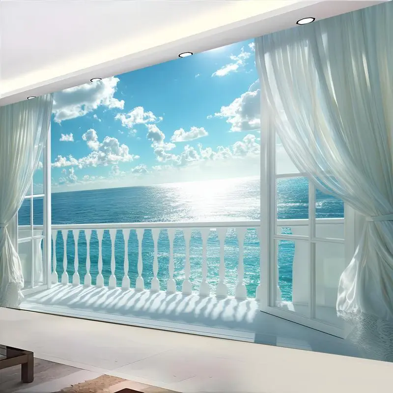 1pc Lifesmells Ultra Large Ocean View Balcony Wall Tapestry - Coastal Seascape with Floral Designs, Horizontal Textured Fabric Hanging, Home Decor for Living Room Indoors (No Electricity Needed), Room Art