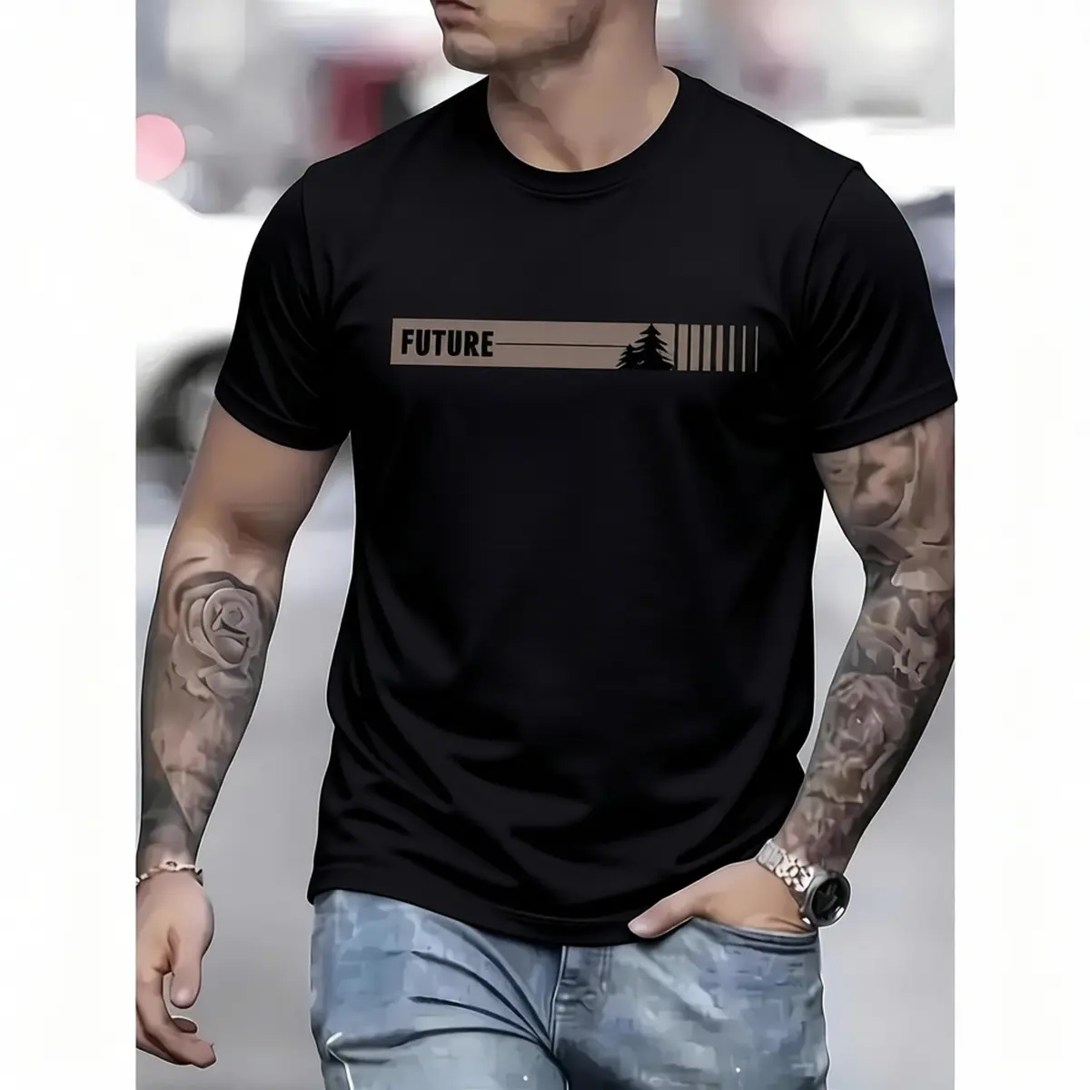 Men's Fashion Streetwear Shortsleeve Round Neck Graphic Tshirt - Casual Cotton-Enhanced Knit Top, 95% Polyester 5% Spandex, Slight Stretch, Regular Fit Summer Top, Black
