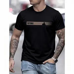 MEN'S casual crew neck T-shirt with "future" print, short sleeve, knit fabric, 95% polyester 5% spandex, slight stretch, regular fit, summer top-Black